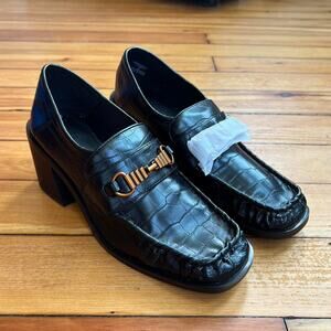 Black croc mid heel horsebit loafers US8